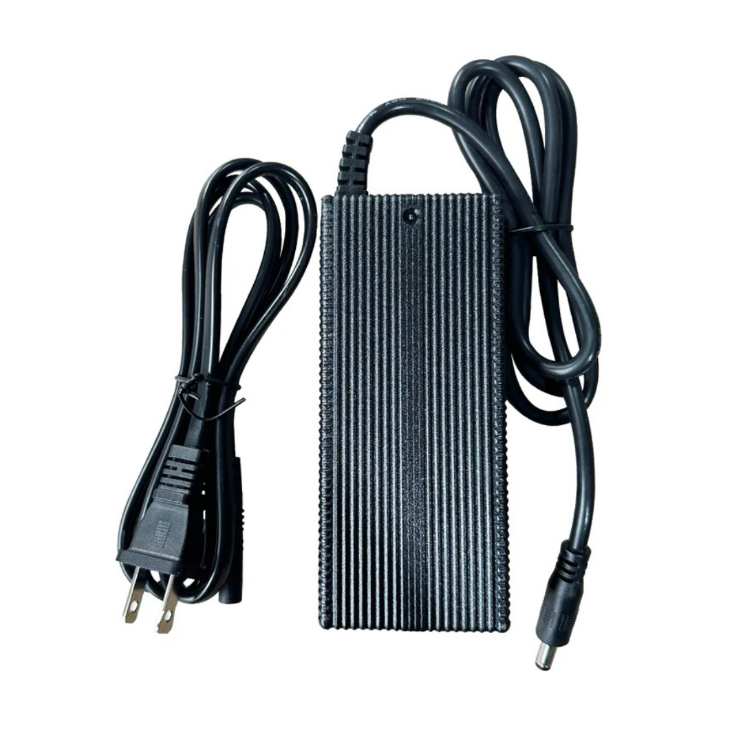 A black replacement charger for Paiseec Mobility Scooter Parts, featuring a ribbed rectangular body, attached power cable with cylindrical connector, and separate coiled two-prong plug cable shown on a white background.